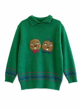 *Rare* Vintage O12 Benetton Wool 3/4 Sleeve Sweater w Chipmunk Characters